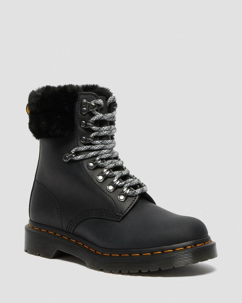 Black Women\'s Dr Martens 1460 Serena Collar Faux Fur Lined Lace Up Boots | CA 199CTV